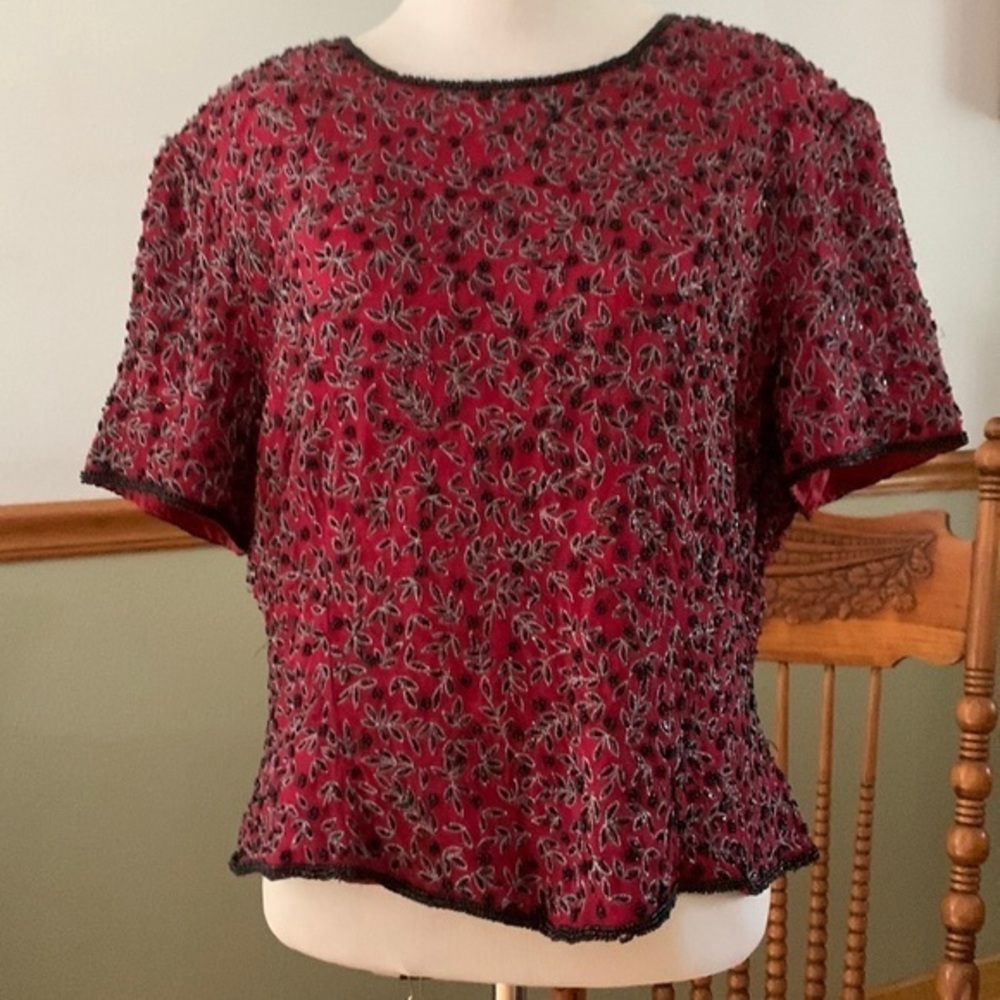 Vintage Papell Boutique Evening Red 100% Silk Beaded Blouse XL